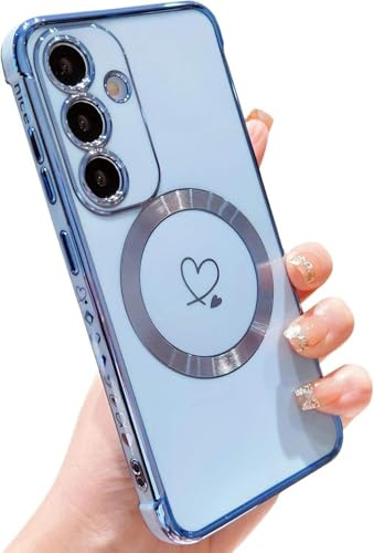 Cute Love Heart Magnetic Case for Samsung Galaxy S25 FE 5G Glossy Gold Plated Skin-friendly Design for Girls Women Bling Shiny Shockproof Soft TPU Camera Protective Cute Cover for Galaxy S25 FE Blue