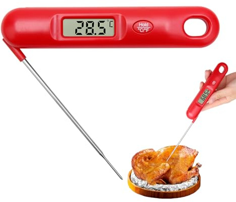 Digital Meat Thermometer Probe for Cooking 3S Instant Read with Foldable Pop-up Probe Ambidextrous Kitchen Food Thermometer Waterproof Food Probe for Cooking, Baking, BBQ, Grill, Oven, Kitchen (Red)