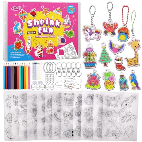 Funtopia Shrinking Art Sheets Kits for Kids, 75 Pre-Cut Shrink Paper Craft Keychain Making Kit, 12 Themes DIY Shrink Art Plastic Sheets with Charms and Keychains Accessories