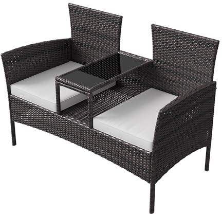 Générique Chaise Double d'extérieur avec Coussin, en rotin Polyester, avec Table, Dossier et accoudoirs, adaptée pour terrasse extérieure Balcon café (Noir)