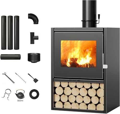 Kaminofen,Standkamin mit Sichtfenster – Camping Outdoor Ofen,Holzofen Stove,Gusseisen,Gartenofen/Terrassenofen(Größe:60x49x85cm)