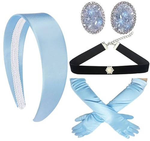 XINDY Prinzessin Kostüm Damen Mädchen, Prinzessin Haarreif Blau Handschuhe, Schwarz Choker Kette, Strass Kristall Ohrringe für Halloween Aschenputtel Faschingskostüme Damen Karneval Kostüm Zubehör