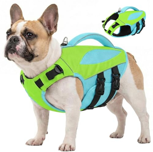 AOFITEE Schwimmweste Hunde Mittel, Hoher Auftrieb Hundeschwimmweste mit Rettungsgrif und D-Ring, Verstellbar Rettungsweste für Hunde Reflektierende Hunde Schwimmweste Französische Bulldogge, Grün, M