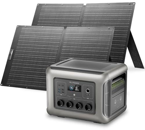 ALLPOWERS R2500 V2 Estación de Energía Portátil 2500W 1920Wh y 2 panel solar SE100 de 100W Batería LFP Carga 0-100% en 1H, Generador Solar Para Camping Hogar Emergencias y Autocaravanas
