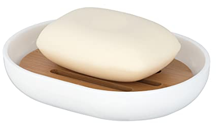 WENKO Seifenschale Posa, moderne Seifenablage für Handseife, Ablage für festes Haarshampoo aus weißem Kunststoff mit nachhaltigen Bambus-Akzenten, BPA-frei, Maße (B x H x T): 12 x 2,5 x 9 cm, Weiß