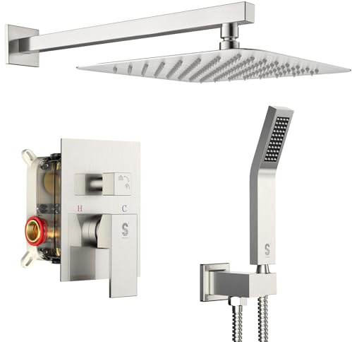 SR SUN RISE 12 Inches Bathroom Luxury Rain Mixer Shower Combo Set Wall Mounted Rainfall Shower Head System Brushed Nickel Finish Shower Faucet Rough-In