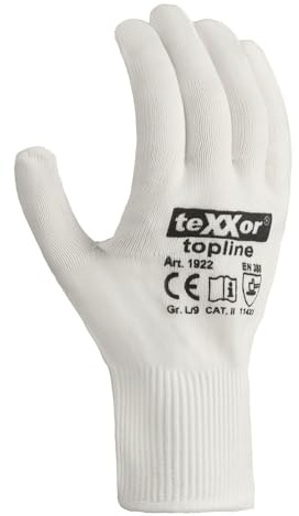 texxor 24 Stück Feinstrick-Handschuhe Nylon Topline 1922, Packung, weiß, 8/M, Feinstrickhandschuhe, Arbeitshandschuhe, Nylonhandschuhe