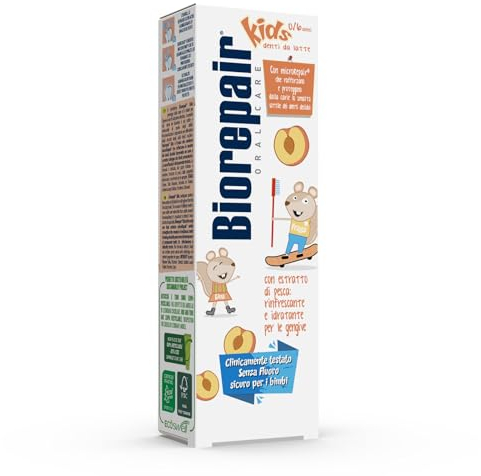 Biorepair, Dentifrice Kids 0-6 ans Pêche, Dentifrice pour enfants, sans fluor, goût de pêche, anti-caries, pour gencives saines, taille 50 ml