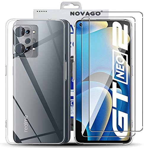 NOVAGO Compatible con Realme GT Neo 2 5G – Pack completo, carcasa resistente transparente + 2 protectores de pantalla de cristal templado (transparente)