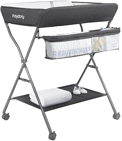 Maydolly Cambiador Bañera Bebé 2 en 1, Colchón Acolchado y Impermeable Fácil de Limpiar,Cambiador plegable con ruedas, cesta y estantes. (gris)