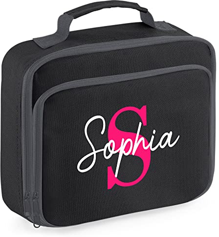 Personalised Pink Name and Initial Lunch Cooler Bag, Girls Custom Back to School Lunch Box, Gifts for Daughter on First Day of Nursery or Primary School, Black