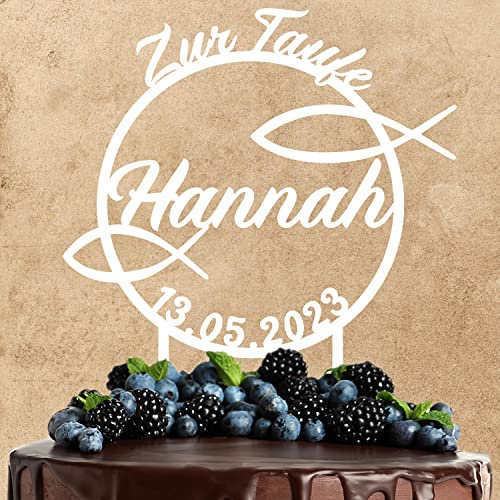 Wunschtext Cake Topper aus Acryl zur Taufe | personalisiert mit Namen und Datum | Kuchendeko Tortenstecker | weiß | Kuchendekoration und Tortenschmuck 100% Made in Germany