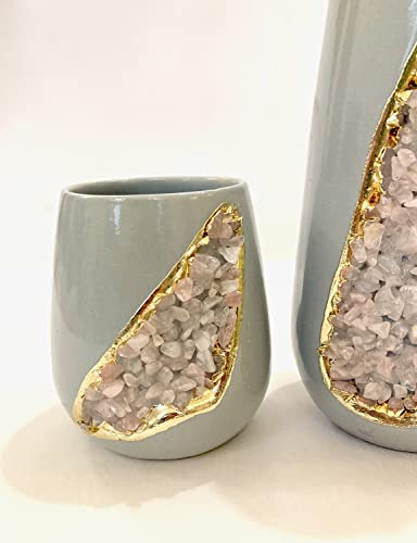 Grey and Gold Ceramic Vase/Planter/Pot/Wine Goblet/Mug with Rose Quartz Semi - Precious Agate Crystal Gemstones |Large(Height 8 inch), (Gold - Finish)
