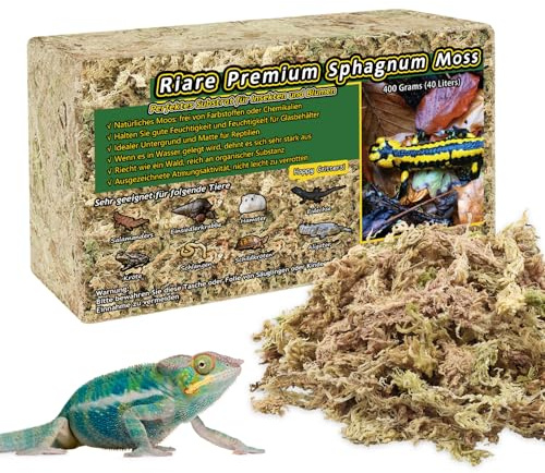 Riare 400 g Sphagnum Moos für Terrarien, Natürliches Moos für Reptilien | Hohe Feuchtigkeitsspeicherung, starkes Quellvolumen, für Feuchtverstecke, Eiablage, Schlangen, Geckos, Frösche und Amphibien