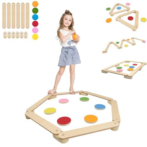 YARDIN Holz Balancierbalken mit 6 Balanciersteine für Kinder, Balance Board Spielzeug ab 3 jahre für Balance- und Sinnestraining, Schwebebalken frei Kombinierbar für Indoor und Outdoor