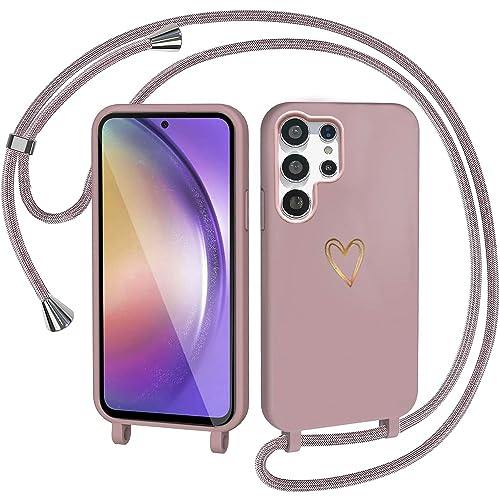 CaseLover Handyband für Samsung Galaxy S24 Ultra Hülle mit Band, Pink | Herz Muster, Silikon Necklace Handyhülle mit Abnehmbar Kordel zum Umhängen, Stossfest Bumper Handy Schutzhülle Case