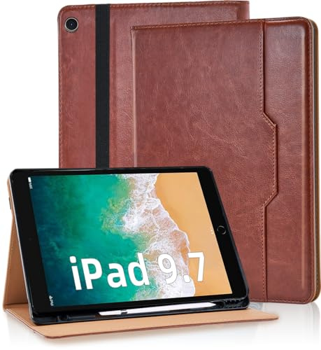 Vkooer Hülle für iPad 9.7 Zoll 2018/2017 (iPad 6./5. Generation) mit Stifthalter Premium PU Leder Schutzhülle iPad Air 2/Air 1 Tasche Cover Case mit Auto Schlaf/Aufwach - Braun