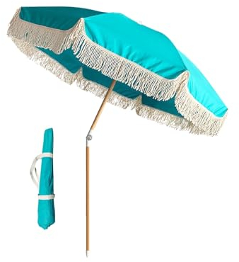 ELZEM 180cm Gartenschirm Groß Blau Sonnenschirm Mit Quasten Strandschirm Uv Schutz Balkonschirm Neigbar Terrassenschirm Mit Tragetasche Für Garten Terrasse Strand/8 Rippen