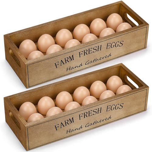 Wenqik 2 Pcs Wooden Egg Holder for Countertop Stackable Egg Crates Rustic Storage Box 24 Fresh Eggs with Handle for Supermarket Farmhouse Rustic Food Shop Kitchen Supplies(Natural Color)