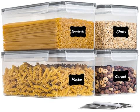 ZOFUN 4 Pcs Pasta Storage Containers 4 L, 27 x 14 x 12 Cereal Sstorage Container with Lids Airtight, Plastic Spaghetti Sstorage Jar with Stickers, Kitchen Food Storage Containers for Spaghetti Storage