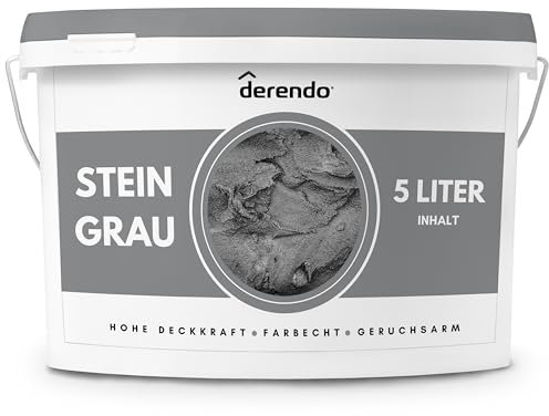 derendo Exklusive Wandfarbe grau 5L, hohe Deckkraft, Dispersionsfarbe innen, Innenwandfarbe Raumfarbe Betonoptik Steingrau, Deckkraftklasse 2, hochdeckende Innenfarbe Profi Qualität