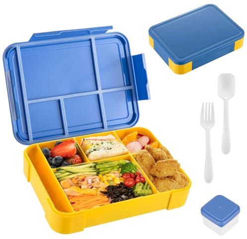 Portapranzo Bambini Adulti con 6 Scomparti, 1 Scatola Salse, Scatola Pranzo Prova Perdite con Cucchiaio Forchetta, Contenitore Lunch per Microonde, Lavastoviglie,Box Merenda per Ufficio, Scuola(Blu)