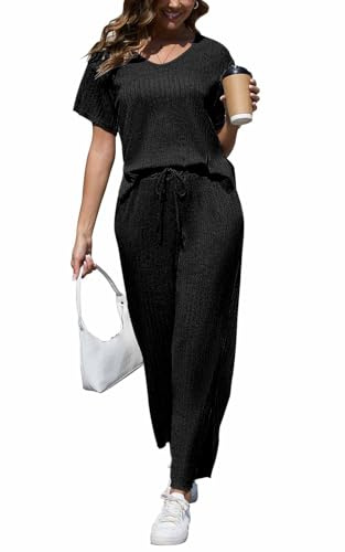 CheChury Conjunto Casual 2 Piezas Mujer Manga Corta Chándal Loungewear - Pantalones y Suéter Cómodo Acanchado Top Deportivo con Bolsillos