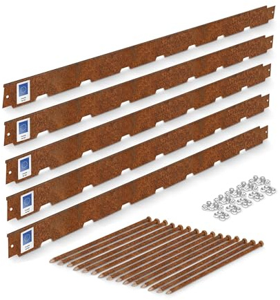 blizz-z terraflex cort Randeinfassung Cortenstahl-Set - 5 St. mit Zubehör | L 1,90 m x B 6 cm - 20x Erdnagel, 5× Schrauben, 5× Muttern - Beeteinfassung, Rasenkante, Wegbegrenzung - Made in Germany