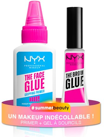 Duo Make- Up Indécollolable – NYX Professional Makeup – Primer Fixant The Face Glue + Gel Sourcils Fixateur The Brow Glue Transparent - Tenue Extrême
