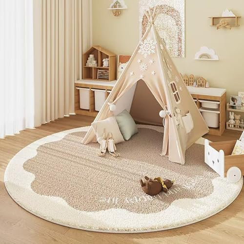 Tospass Kinderzimmer Rund Kunstwolle Teppich Schlafzimmer Blume Weicher Waschbarer Kinder Teppich Creme Stil Junge Mädchen Kurzflor rutschfest, 140 cm Rund