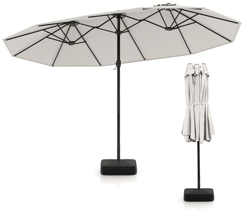 COSTWAY Sombrilla Terraza Exterior Grande, Parasol Doble con Base y 12 Varillas Metálicas, 2 Bolsas para Arena, Superior Ventilada, Manivela, Sombrilla para Patio (Beige, 443 x 265 cm (con Base))