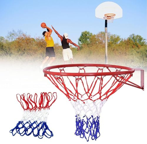 Red de repuesto para canasta de baloncesto resistente, de nailon trenzado tricolor rojo/blanco/azul, resistente y duradero, adecuado para aros estándar de interior o exterior, 12 pasadores