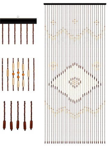 Poyujkyhr Wooden Beaded Door Curtain, Fly Curtains For Patio Doors, Retro Style Partition Privacy Screen Handmade Bead Curtain Beaded Fly Screens For Doors, Window, Wall, Compartment 208 * 90 Cm
