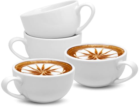 UNIQUE HOME LIVING Cappuccino Cups Set of 4, White Porcelain Cappuccino Cup with Handle, Large 270ml Mug Set for Tea Coffee, Latte, Espresso & Americano, Microwave Freezer and Dishwasher Safe