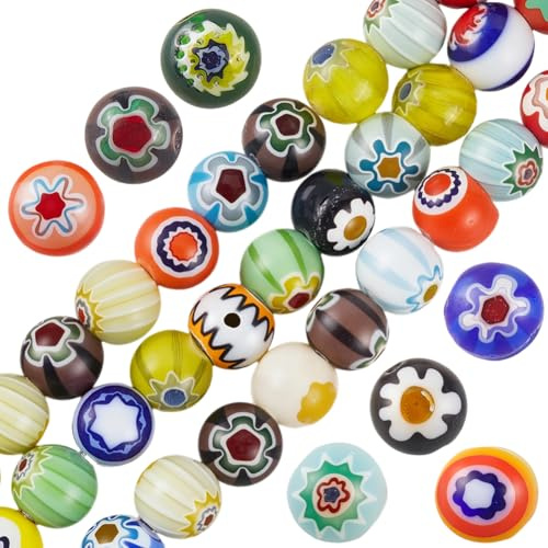 PONABEADIY 1 scatola Da 144 pezzi Da 8mm di Perline di Vetro di Murano di Colori Misti con Fori, Assortite, Modello Rotondo di Fiori Millefiori, Distanziatrici Colorate, Sfuse, per La Creazione di Gio
