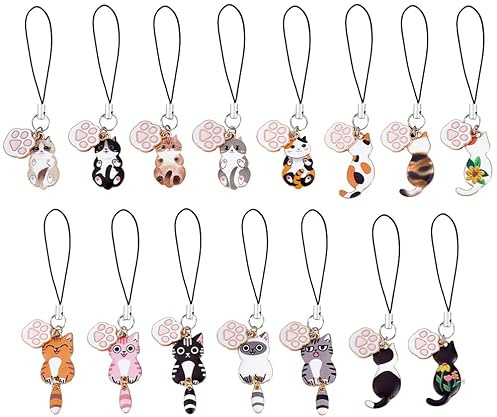 PH PandaHall 15 Styles Cat Phone Charms, Cute Hanging Cat Kawaii Charm Alloy Enamel Cell Phone Pendants Strap for Mobile Phones Backpack Wallet Keychain Pendant Decoration