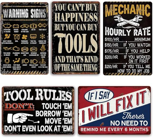 5 Piece Man Cave Decor Funny Garage Signs Vintage Metal Garage Tin Sign Car Shop Posters Mechanic Gifts For Men Room Decor Mechanic Shop Sign Retro Garage Wall Decorations