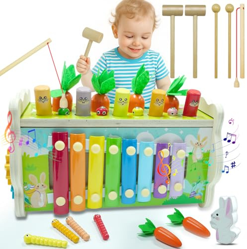 YM E-Bright Montessori Spielzeug ab 1 Jahr, 8-IN-1 Hammerspiel Holzspielzeug Motorikspielzeug mit Xylophon, Magnetisches Angelspiel Kinderspielzeug ab1 2 3 Jahre Geschenk für Mädchen Junge