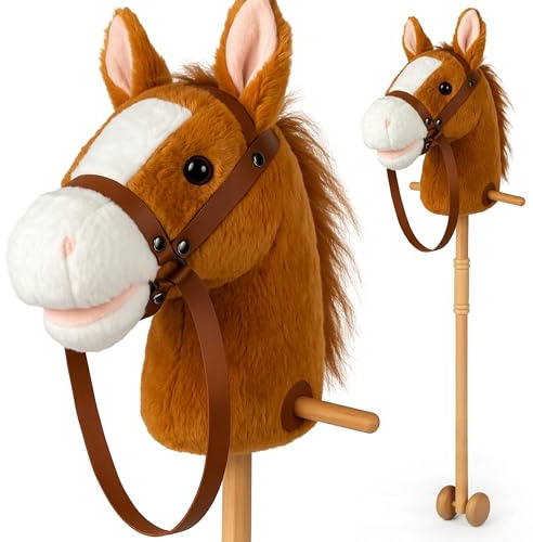 CELMAN Hobby Horse - Steckenpferd Braun A4 mit Zaumzeug und Sound - Geräuscheffekt durch Ohrdruck - Holzstab mit Rädern - Spielzeug Pferd für Kinder - Reiten & Rollenspiel