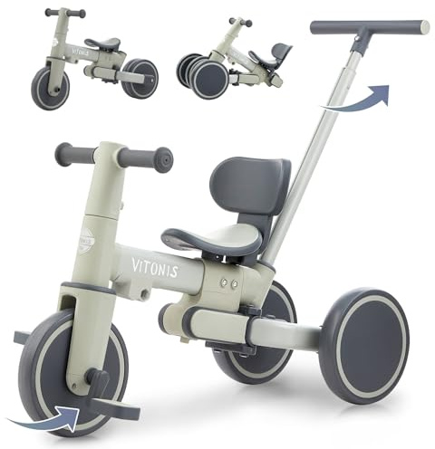 VITONIS 5 in 1 Dreirad, laufrad ab 1 Jahr, Kinderfahrrad mit Schubstange für Kinder 18 Monate-5 Jahre,Jungen Mädchen Geschenk