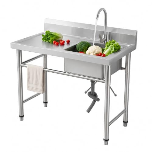 Mqwdxzfes 100x60cm Edelstahl Spültisch, Freistehende Küchenspüle Gewerbespüle mit Arbeitsplatte & verstellbaren Füßen, Tiefes Spülbecken, 1 Becken Waschbecken Garage Waschtisch Gastrospüle