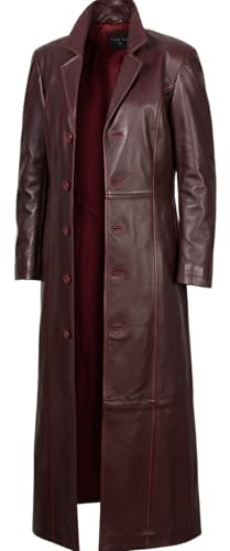Red Leather Trench Coat Mens Real Lambskin Leather Duster Long Jacket Full Length Classic Overcoat Winter Outwear, Medium