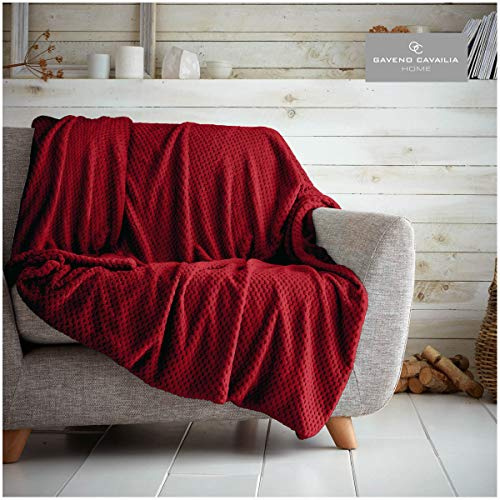 GC GAVENO CAVAILIA Waffle Popcorn Single Throw - Honeycomb Textured Blanket for Sofa and Bed | Lightweight, Fluffy, Easy Care Bedspread | Cosy, Warm Decorative Throw for All Season, Red, 130x150 cm