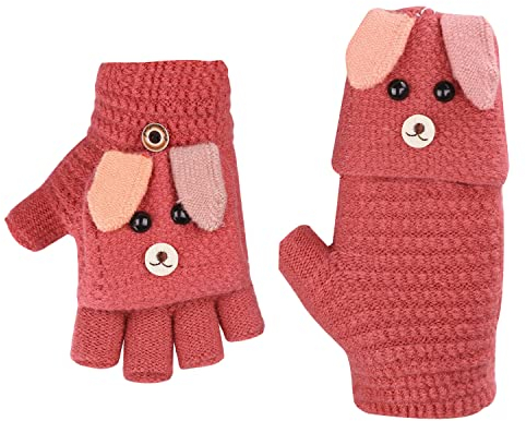 AfinderDE Kinder Fausthandschuhe Mädchen jungen Abnehmbare Klappe Strickhandschuhe Fäustlinge Handschuhe Fingerhandschuhe Fingerlos Halb Handschuhe Strick Handschuhe Winterhandschuhe (Rot 6), L