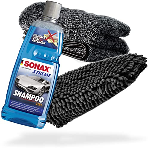 detailmate Auto Wasch- und Trockenset: SONAX Xtreme Shampoo 2in1 Shampoo 1L + Chenille Waschhandschuh + Trockentuch 1000 GSM - Für die ideale Autowäsche