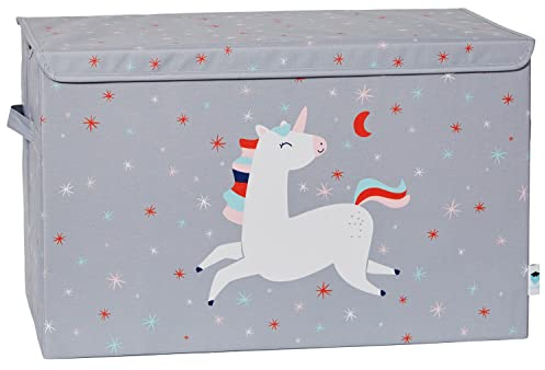 LOVE IT STORE IT Spielzeugtruhe mit Deckel - Aufbewahrungsbox groß aus Stoff - Verstärkt mit Holz - Robust und stabil - Grau mit Einhorn - 62x38x39 cm