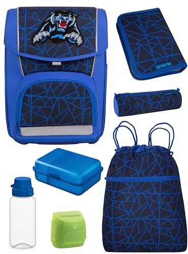 Familando - McNeill Basic Schulranzen Set - 7-teilig mit Sporttasche - WILD Panther - Ergonomisch & Verstellbarer Brustgurt - 960g leicht mit 21L Volumen & Reflektoren - Für Grundschule ab 1. Klasse