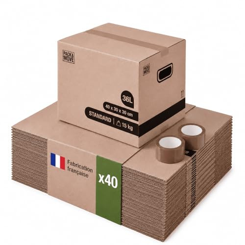 Pack and Move – Set mit 40 Umzugskartons zur Bücheraufbewahrung – 40 x 30 x 30 cm – verstärkte Griffe – 2 gratis Kleber