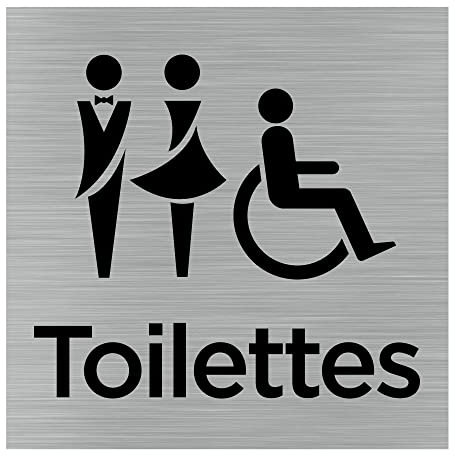 Pictogramme Toilettes Mixtes (Q1051). Signalisation Porte 150 x 150 mm. Autocollant souple ou plaque alu brossé 2 mm ep. - Adhésif aspect aluminium brossé - Adhésif aspect aluminium brossé -