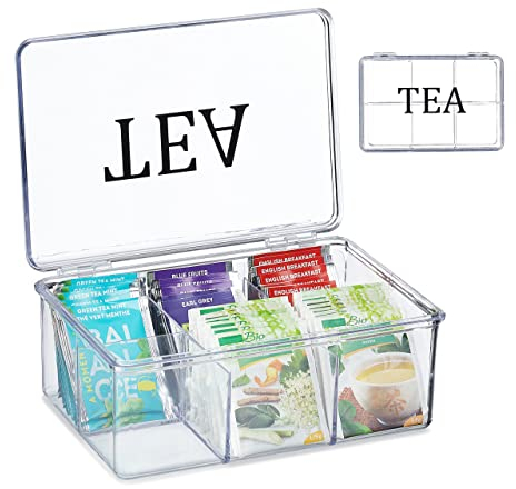 Relaxdays Box Porta tè e Tisane, 6 Scomparti, con Coperchio, 9x21,5x15 cm, Organizer per Bustine, Plastica, Trasparente, 9 x 21.5 x 15 cm